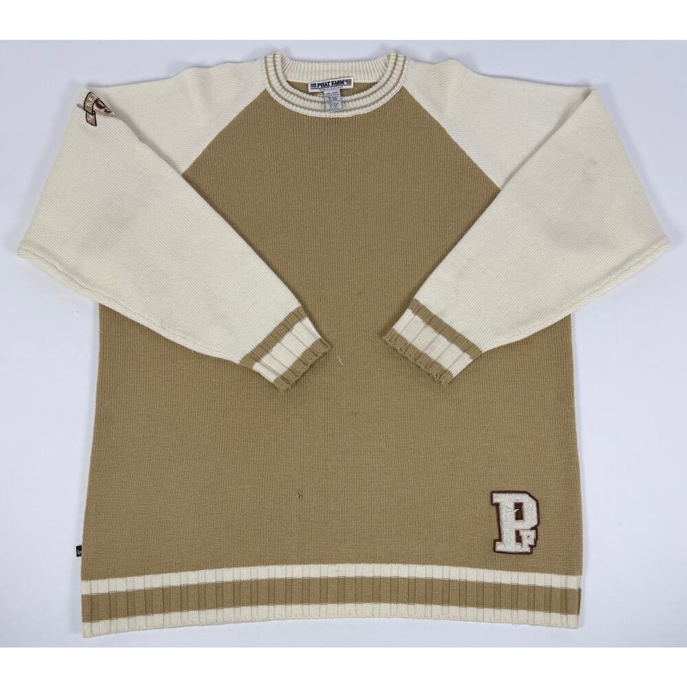 Phat Farm Vintage Mens XXL Knit Wool Blend Sweater Tan Cream Colorblock